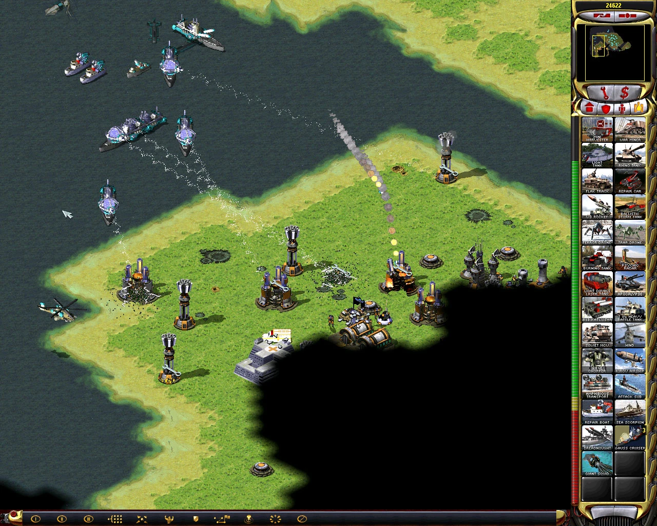 Zrzut ekranu z rozgrywki pokazujący jednostki morskie atakujące obronę wybrzeża w modzie Begin Disasters do Command & Conquer Yuri's Revenge