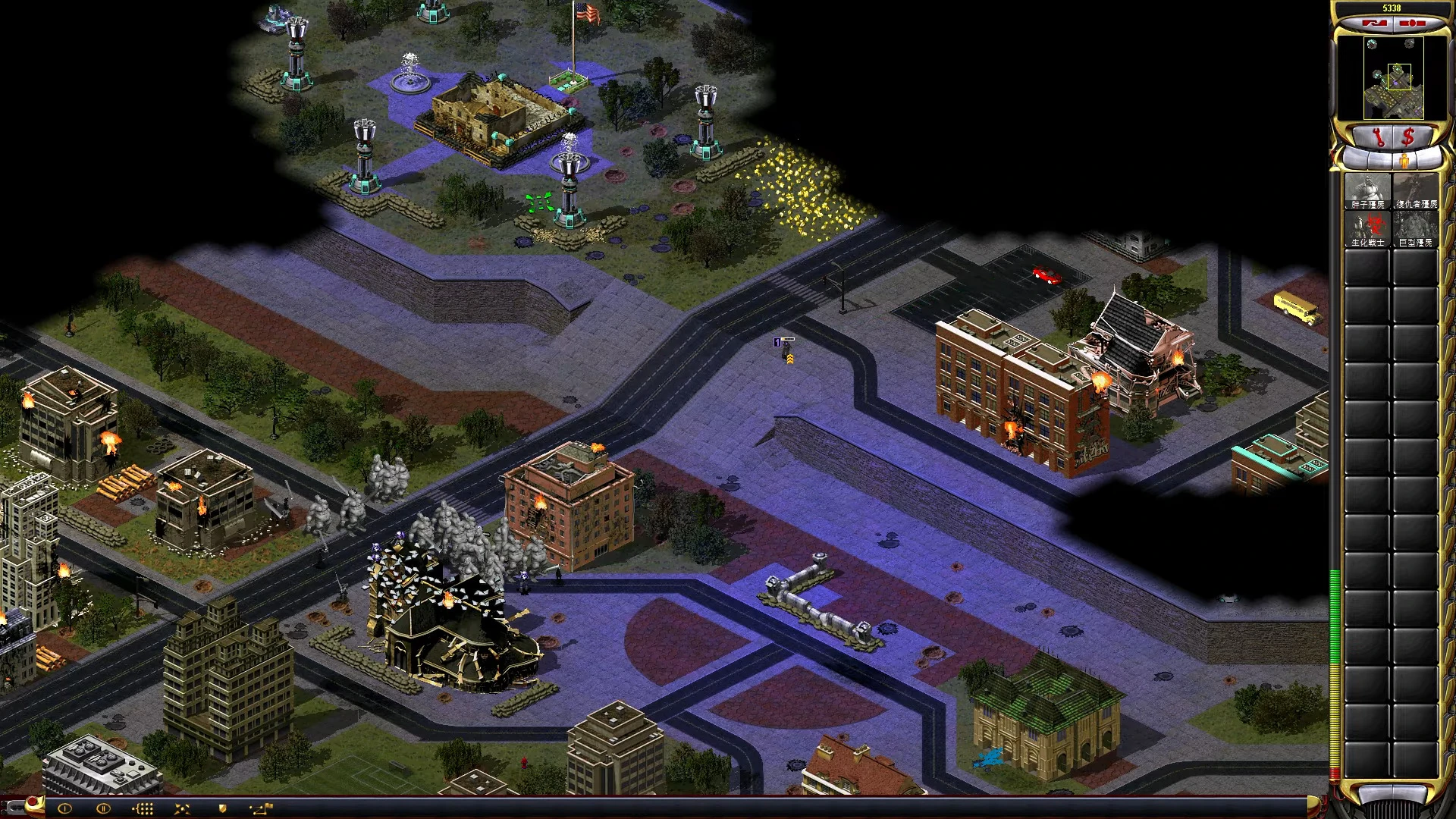 Captura de pantalla del mod Command & Conquer Yuri's Revenge con campo de batalla urbano, edificios en llamas y unidades zombis