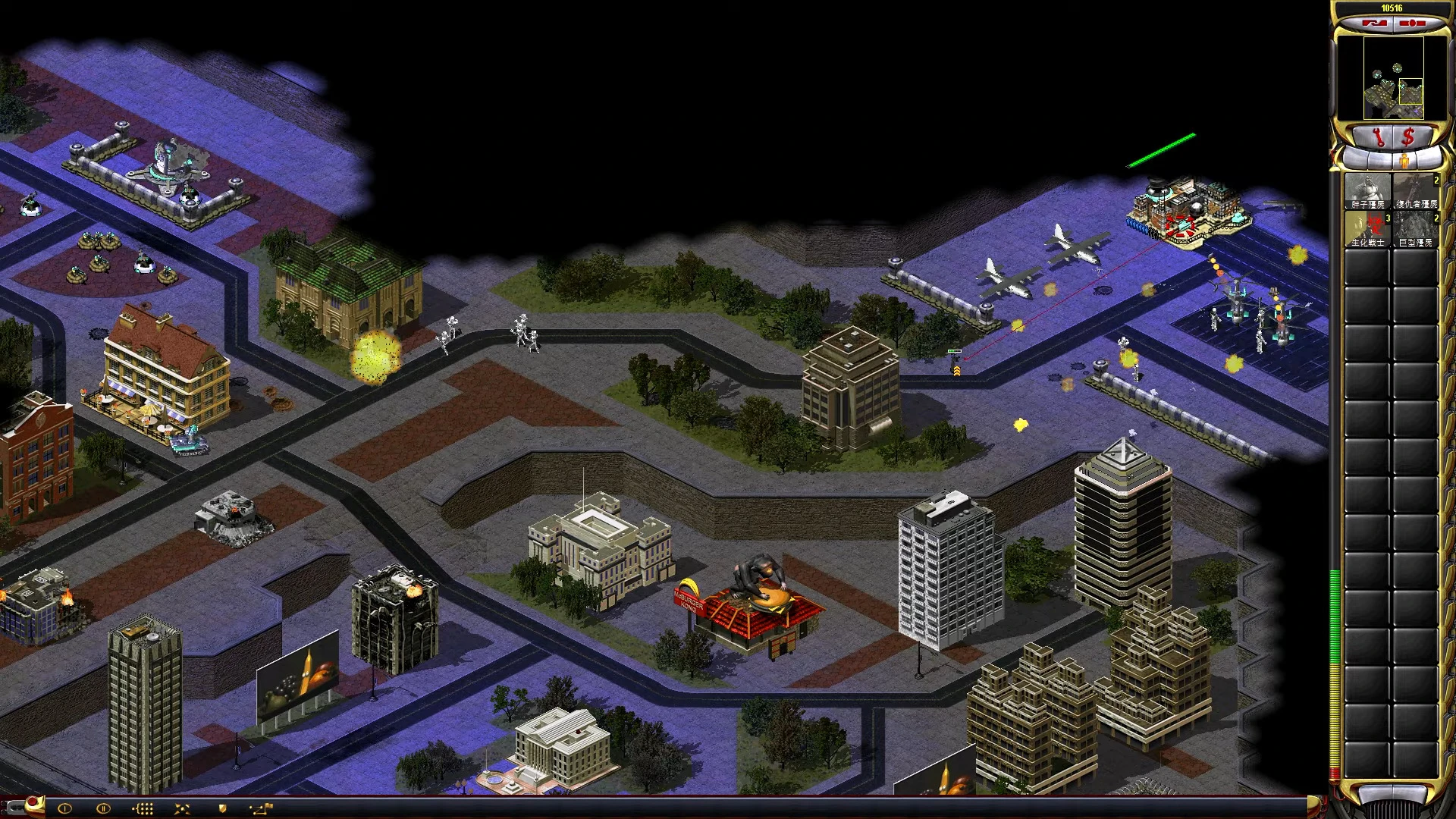 Captura de pantalla del mod Zombies Campaign de Red Alert 2 mostrando terreno urbano con edificios, enemigos esqueléticos, aviones y explosiones