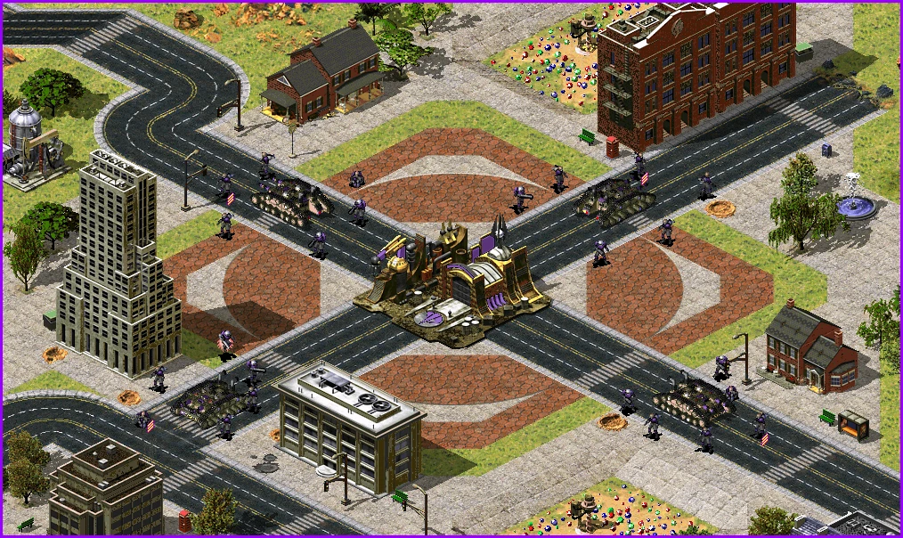Command & Conquer Yuri's Revenge Red Counter-Strike Mod zeigt eine Stadtkreuzung mit Soldaten und gepanzerten Fahrzeugen im Kampfaufstellung