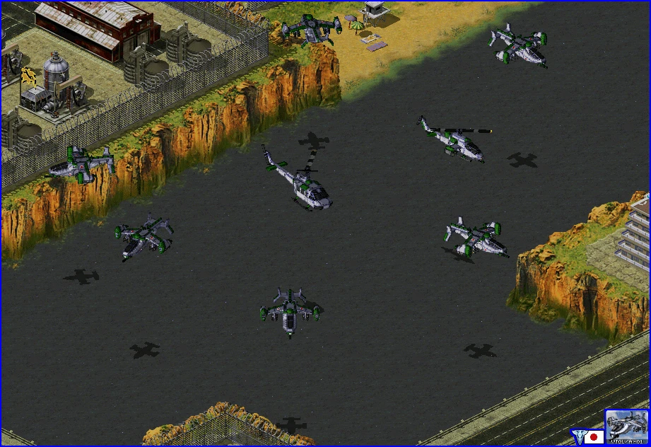 Sieben Hubschrauber fliegen über einen Fluss mit steilen Klippen im Command & Conquer Yuri's Revenge Mod Red Counter-Strike
