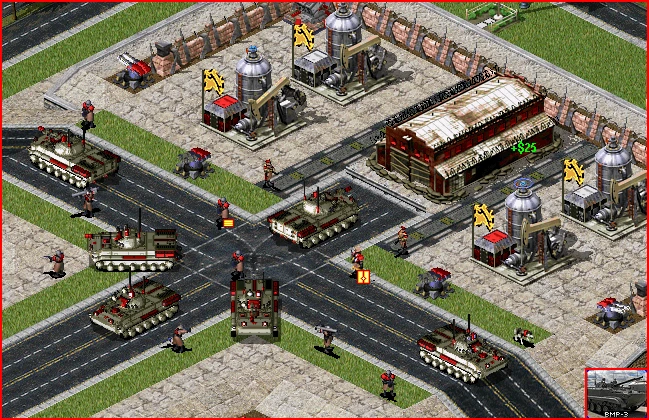 Ingame-Screenshot zeigt Panzer, Infanteriesoldaten und Basisstrukturen des Red Counter-Strike Mods in Command & Conquer Yuri's Revenge