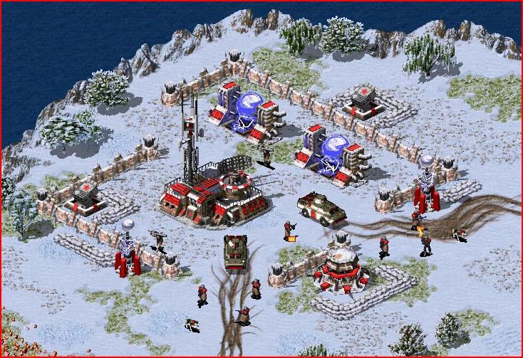 Draufsicht auf verschneites Schlachtfeld mit roter Basis, Fahrzeugen und Infanterie im Red Counter-Strike Mod
