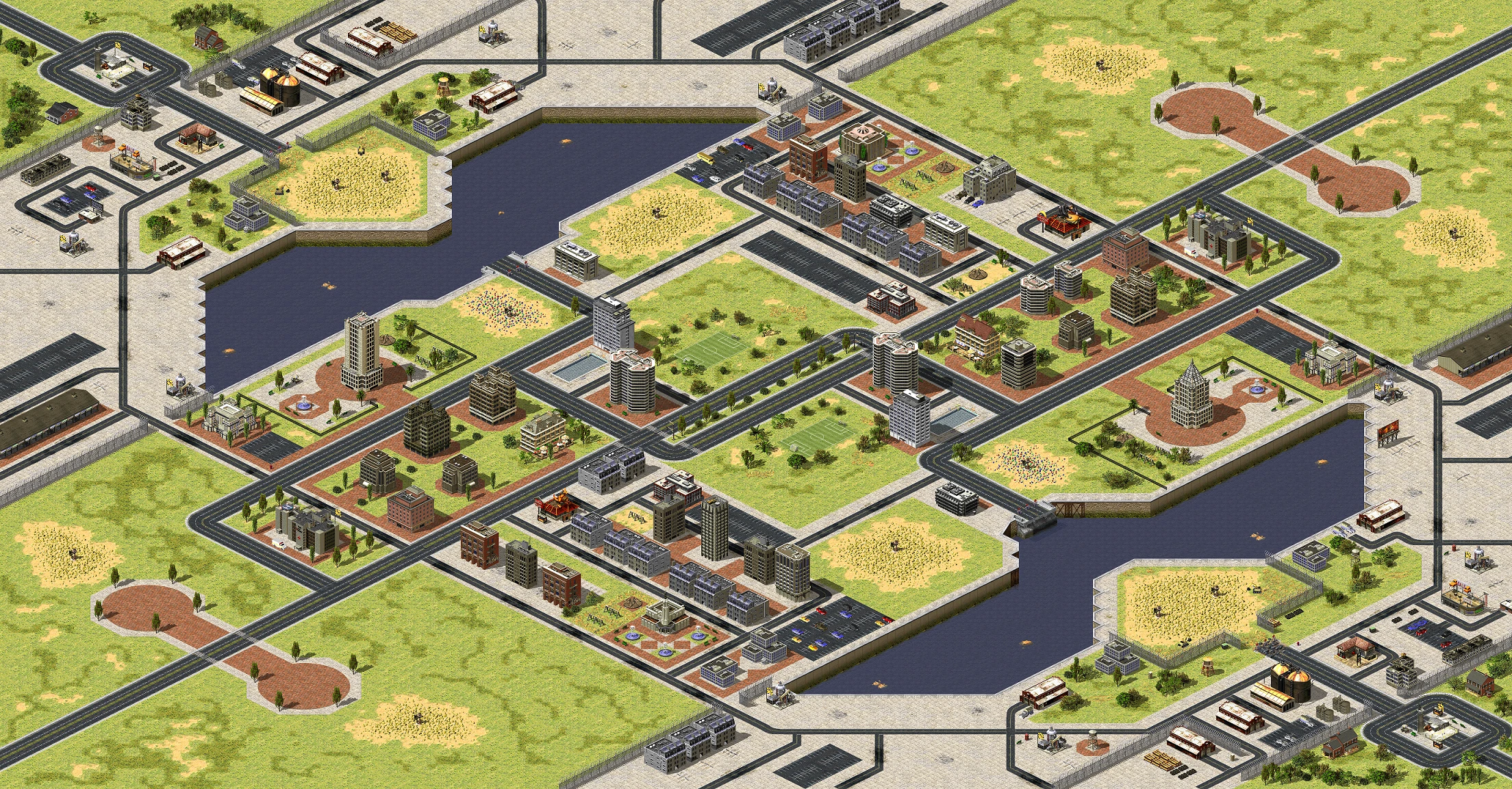 Draufsicht auf eine komplexe Stadtkarte mit Straßen, Gebäuden, Wasserfronten und Grünflächen im Mod Command & Conquer: Yuri's Revenge