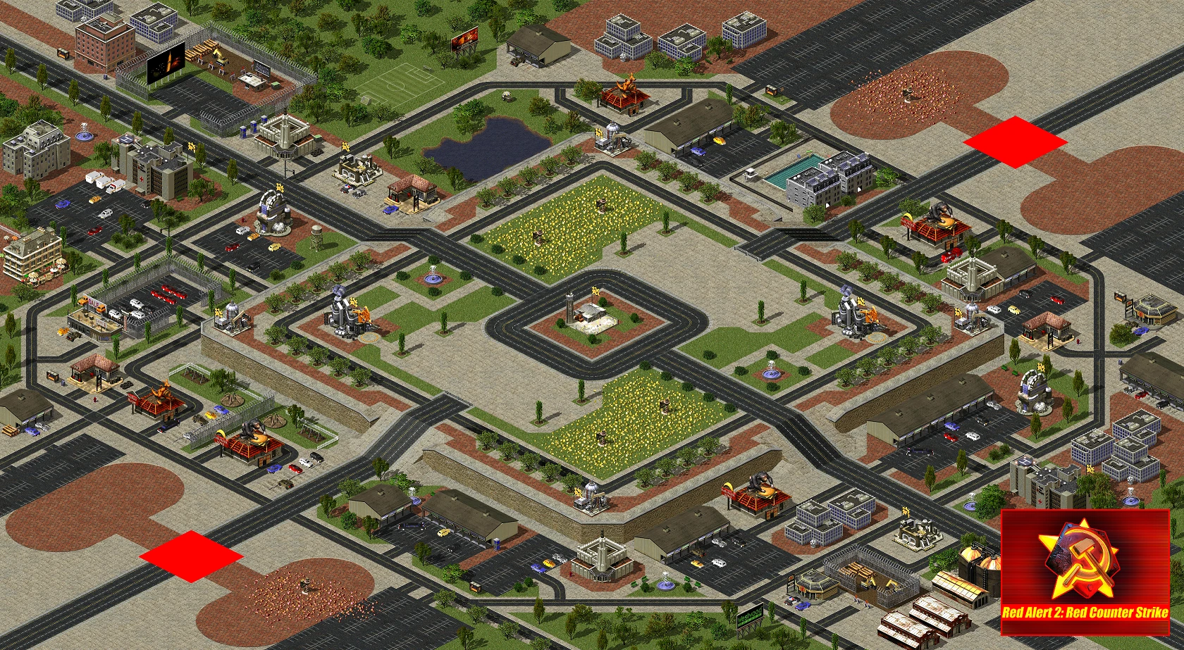 Isometrische Ansicht eines urbanen Schlachtfeldes mit Straßen, Gebäuden und Verteidigungsanlagen aus dem Red Counter-Strike Mod