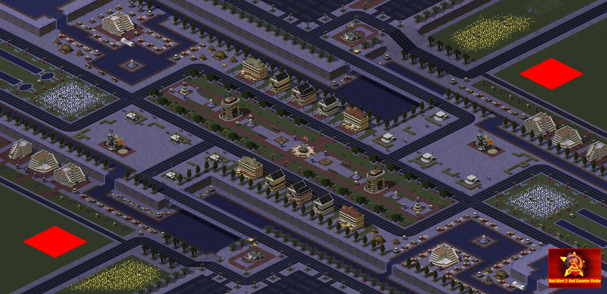 Isometrische Ansicht einer städtischen Kampfkarte mit Straßen, Gebäuden, Brücken und Brunnen im Command & Conquer Yuri's Revenge Mod