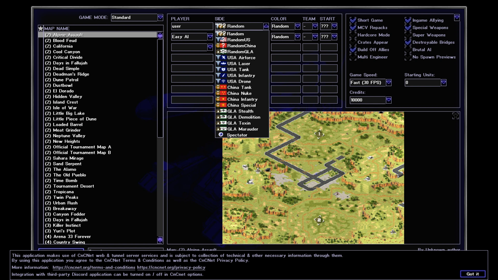 Экран настройки игры в Command & Conquer Yuri's Revenge с списком карт, настройками игроков, фракциями и параметрами игры