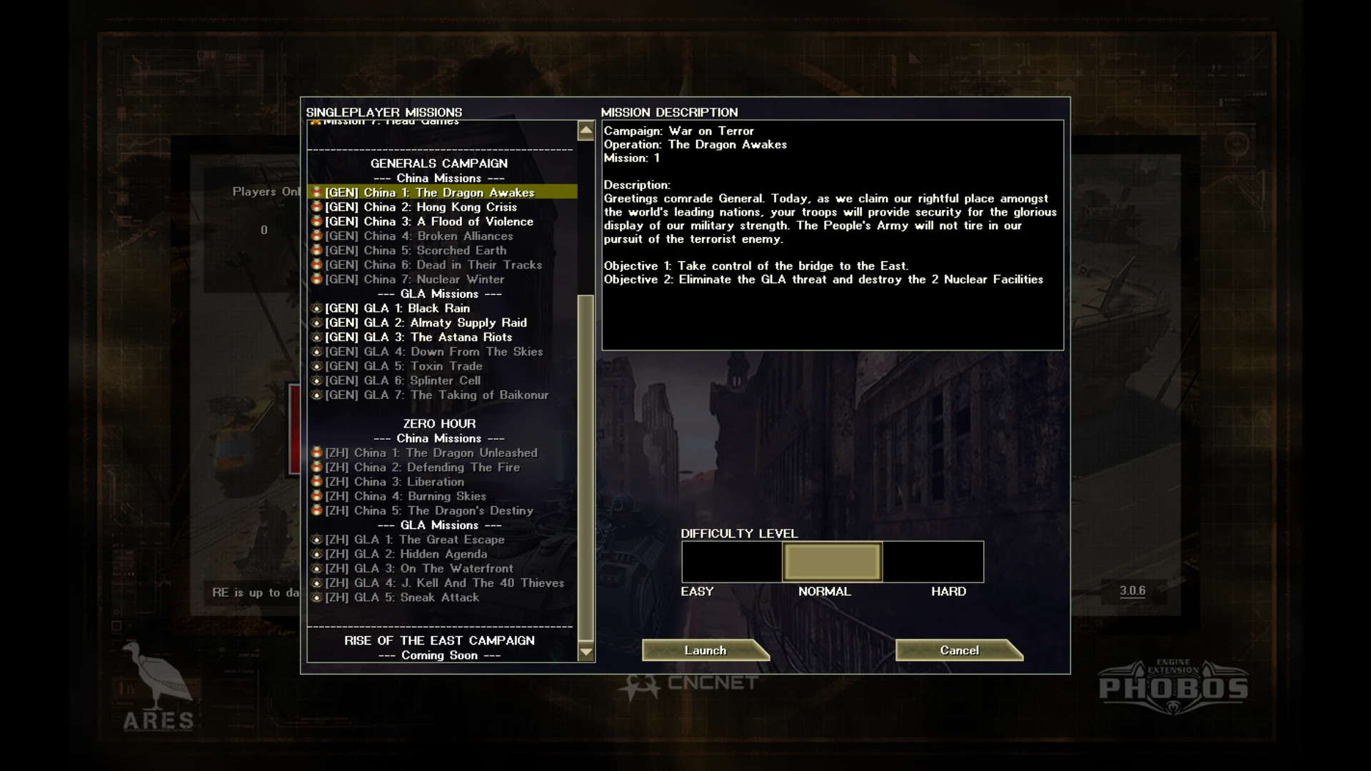 Скриншот экрана выбора миссий с перечисленными миссиями кампании Китая для мода Rise of the East в Yuri's Revenge