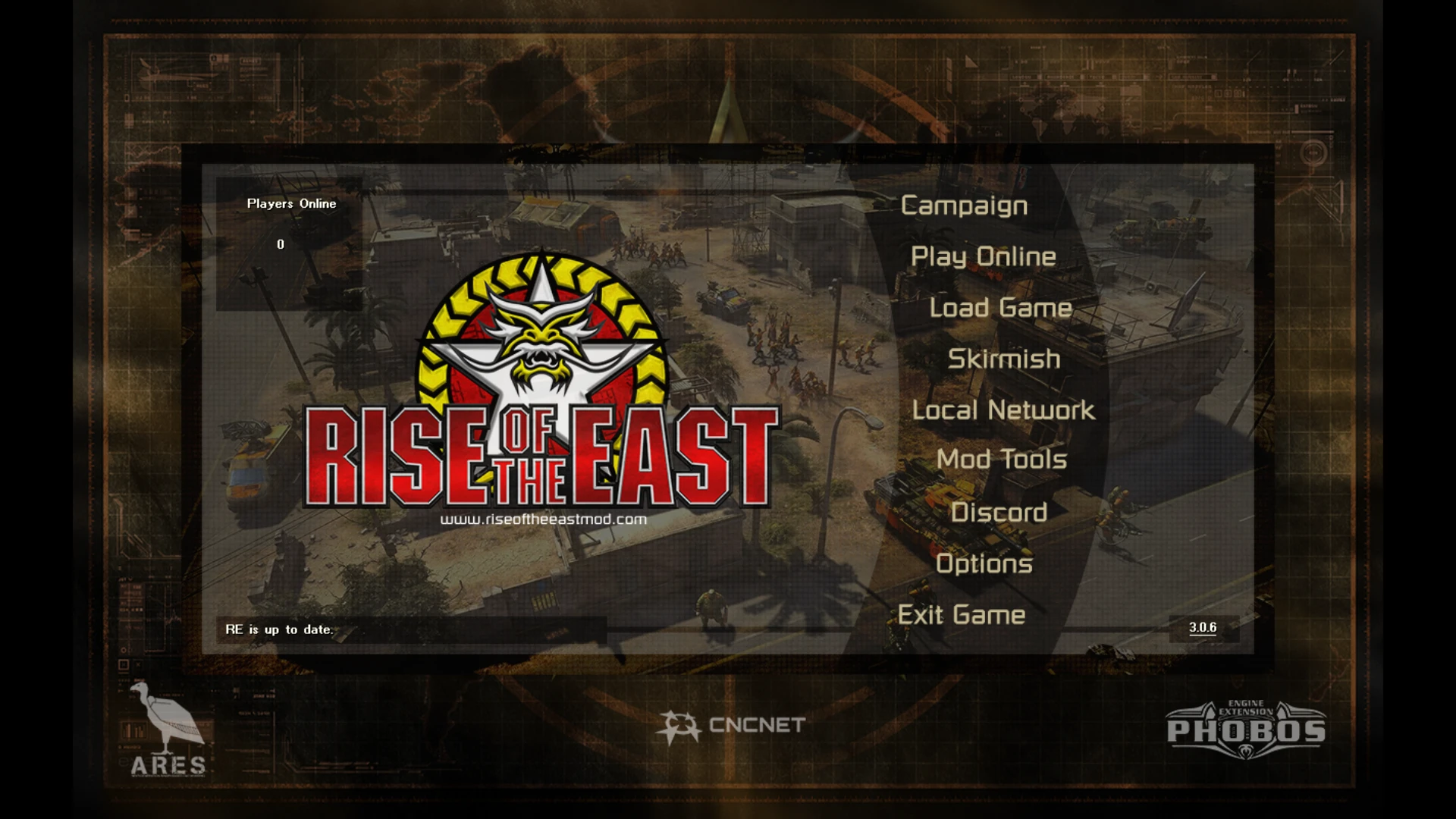 Экран меню игры Command & Conquer Yuri's Revenge с логотипом мода Rise of the East и списком опций
