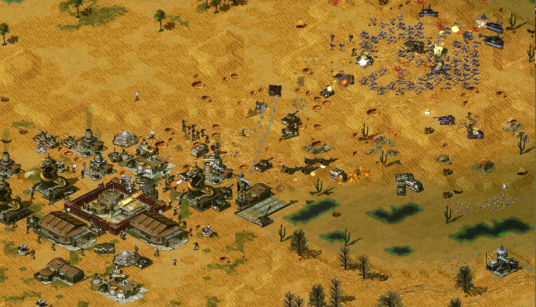 Скриншот масштабного конфликта в пустыне с бронетехникой и пехотой, атакующей здания