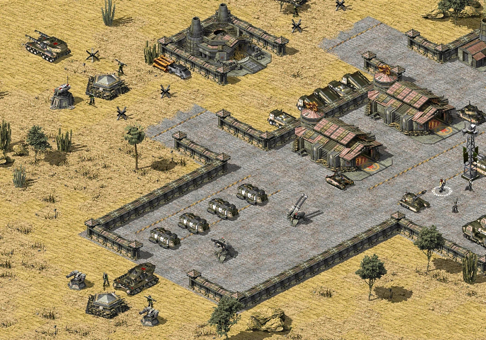 Вид сверху на пустынную военную базу с танками, солдатами и оборонительными сооружениями в моде Rise of the East