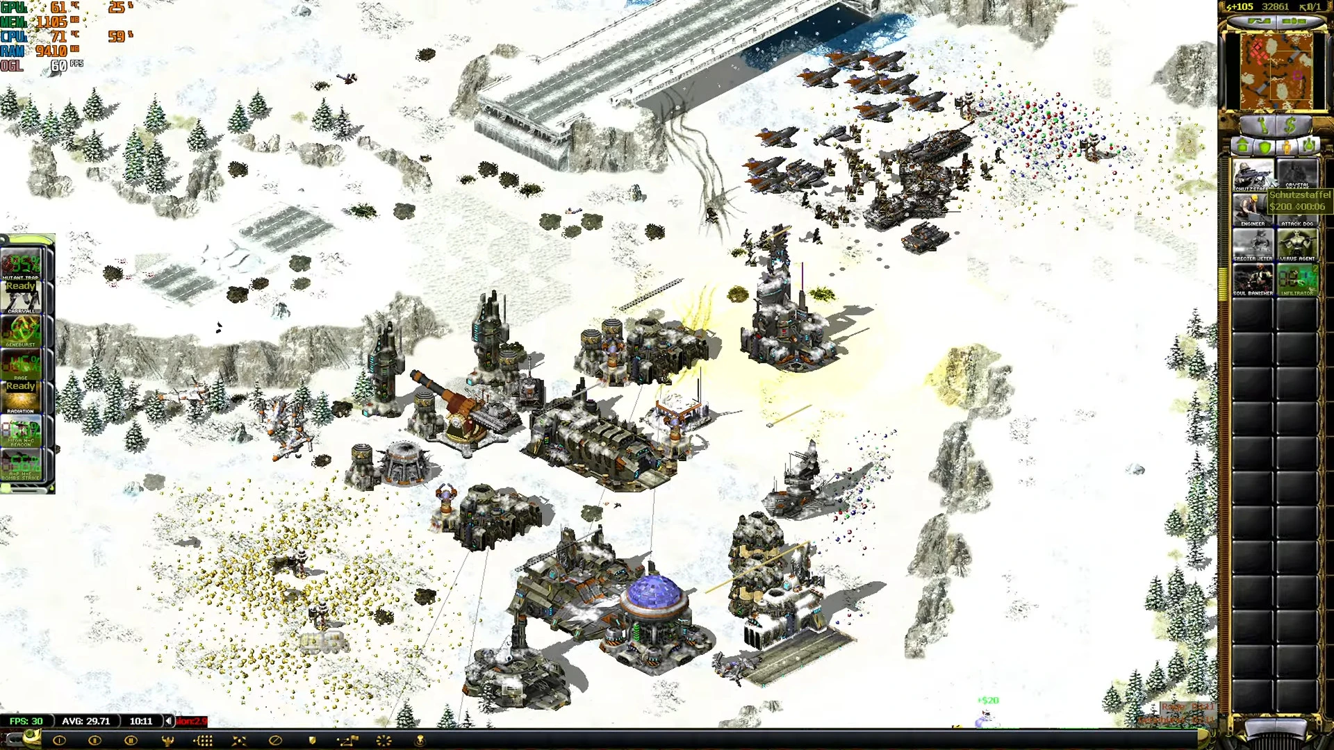 Zrzut ekranu z zaśnieżonego pola bitwy z jednostkami powietrznymi i naziemnymi w modzie Technology Revolution do Command & Conquer Yuri's Revenge