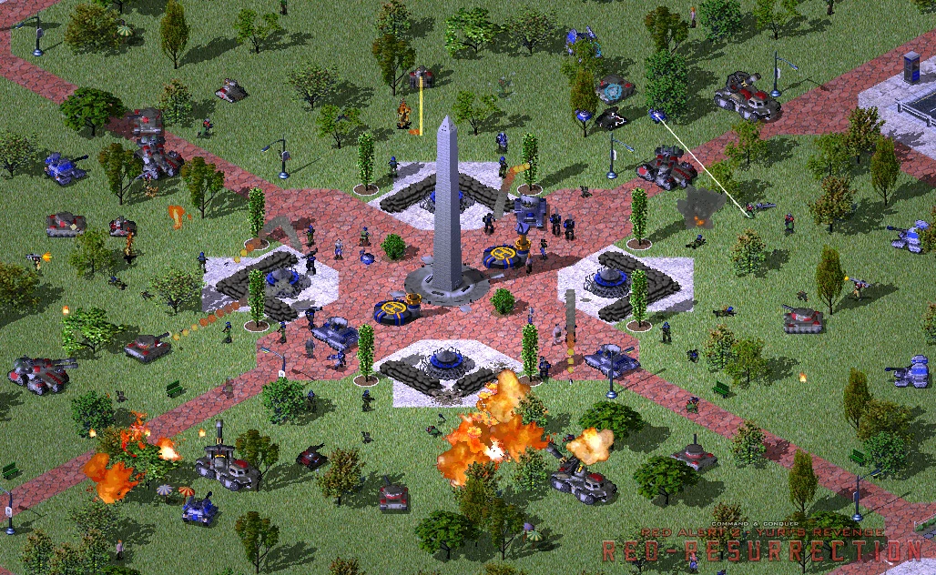Captura de pantalla del juego mostrando un gran campo de batalla con infantería, tanques y explosiones alrededor de un monumento central en el mod de Yuri's Revenge