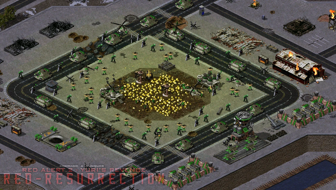 Vista aérea de una base fortificada con tanques, unidades de infantería y edificios en llamas en el mod de Command & Conquer