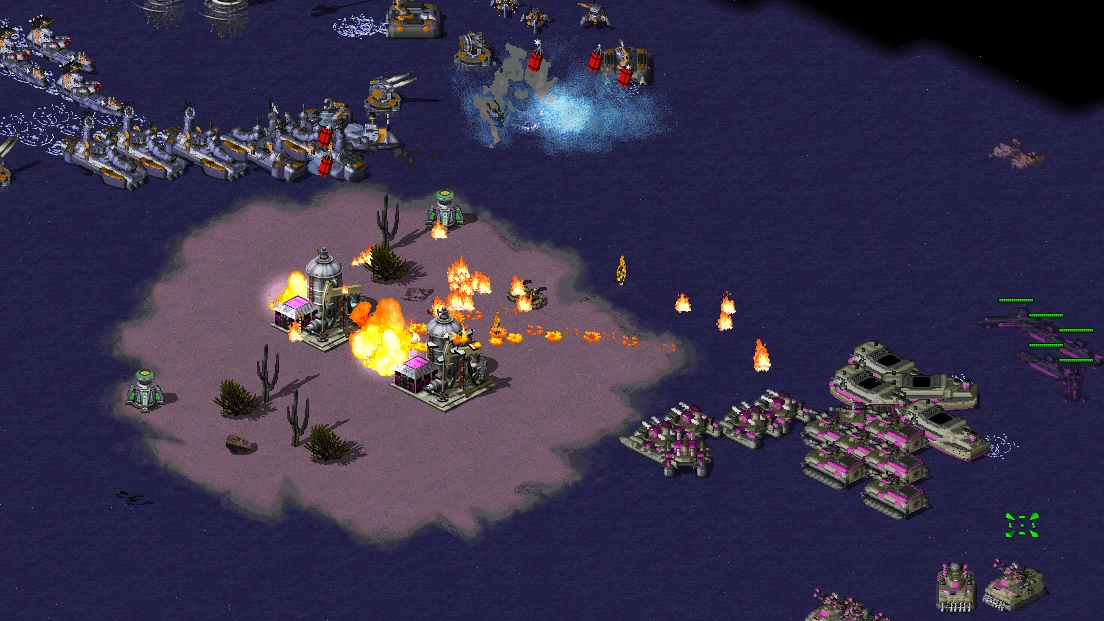 Captura de pantalla de unidades navales y ataque con lanzallamas a edificios en el mod YR Red-Resurrection de Command & Conquer Yuri's Revenge