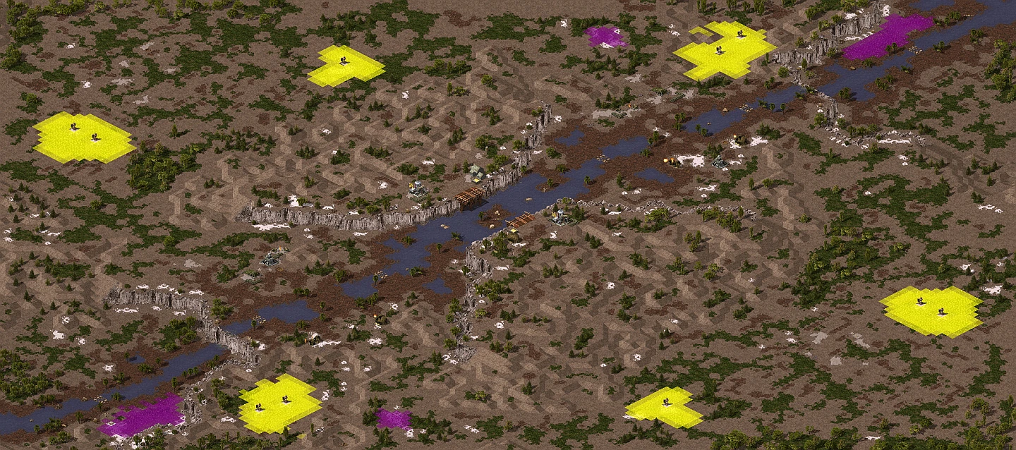 Vista desde arriba de un mapa del mod Yuri's Revenge con ríos, acantilados rocosos y zonas de recursos destacadas en amarillo y morado.