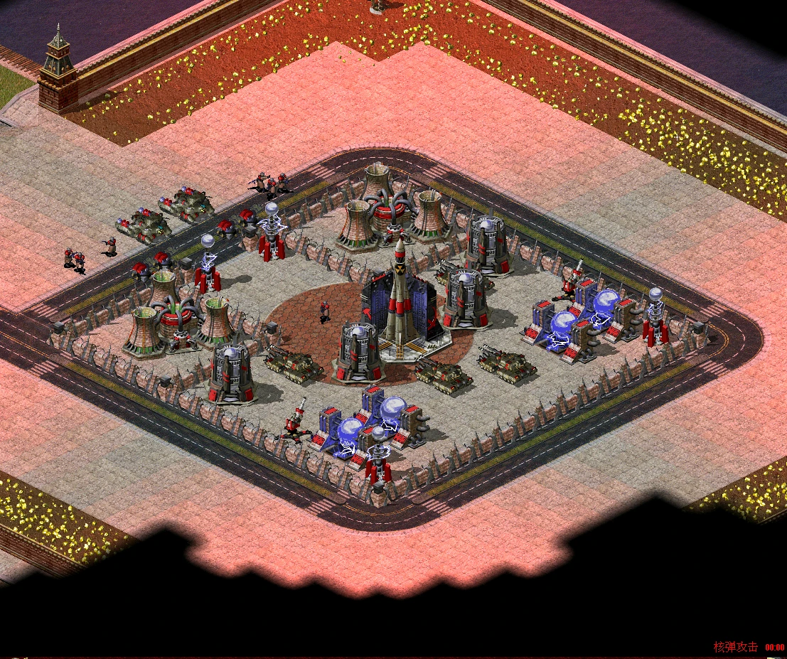 Draufsicht auf eine befestigte Command & Conquer: Yuri's Revenge Basis mit Panzern, Infanterie und Kraftwerken