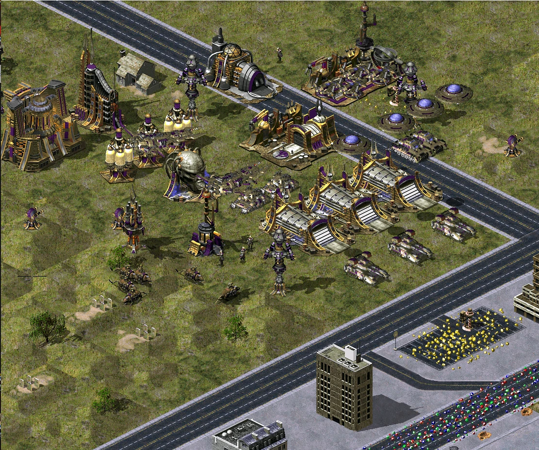 Screenshot einer großen, detaillierten futuristischen Basis mit Panzereinheiten und Verteidigungsanlagen im Yuri's Revenge Mod