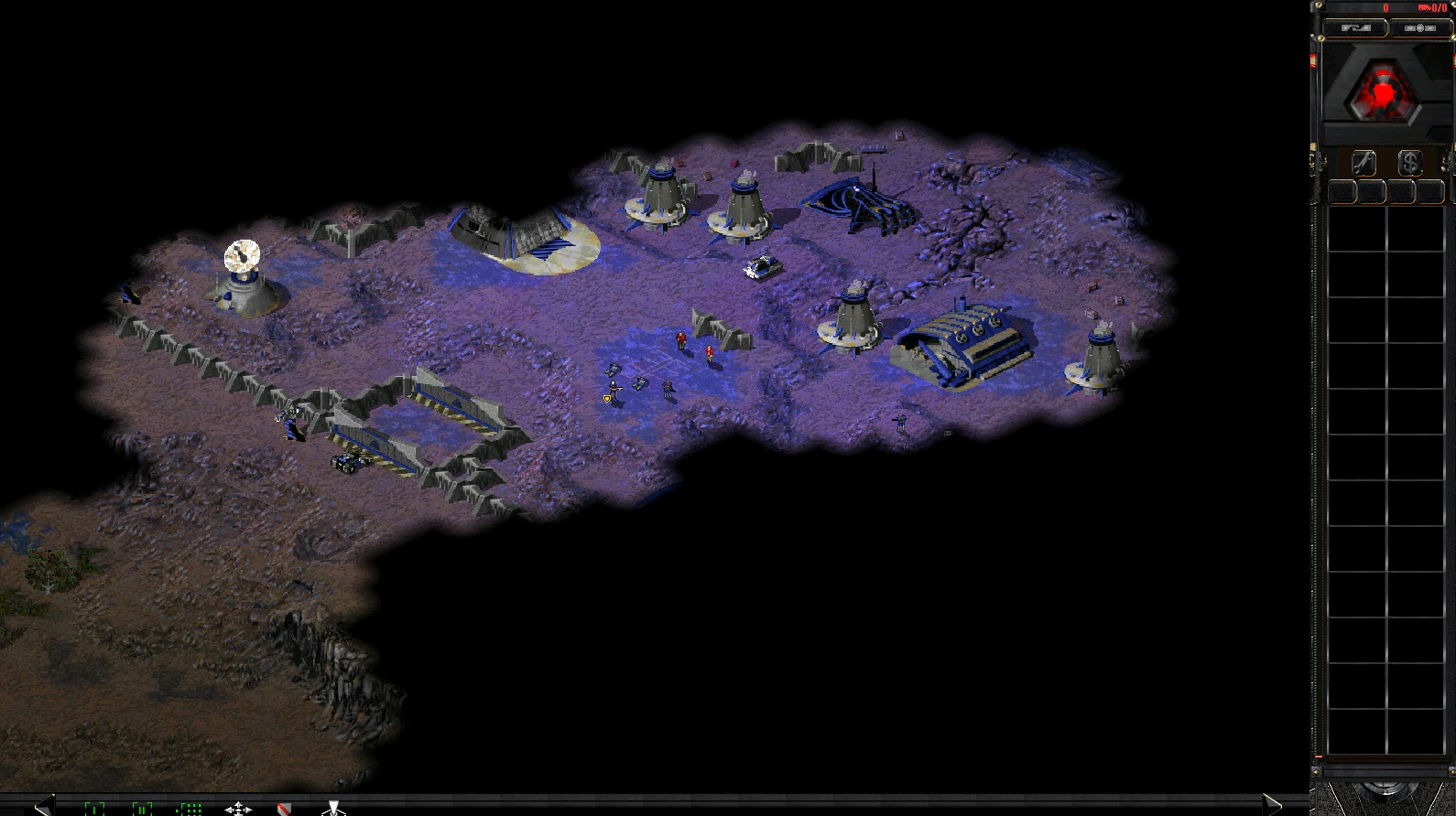 Скриншот игры с базой мода Tiberian Revenge с юнитами и строениями на скалистой местности