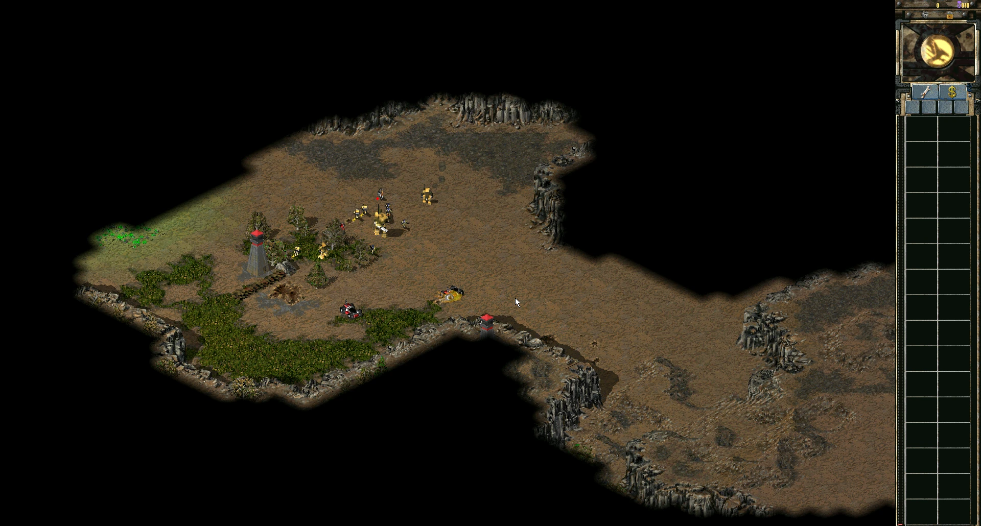 Скриншот игры с рельефом, юнитами, оборонительными башнями и интерфейсом из мода Kane's Root Canal в C&C Yuri's Revenge