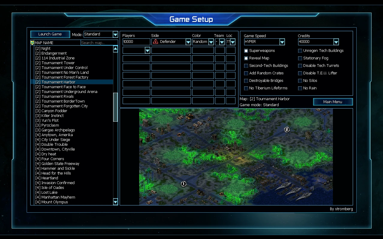 Interfejs ustawień gry moda Tiberium Crisis z wyborem mapy, opcjami graczy i ustawieniami gry w Command & Conquer Yuri's Revenge
