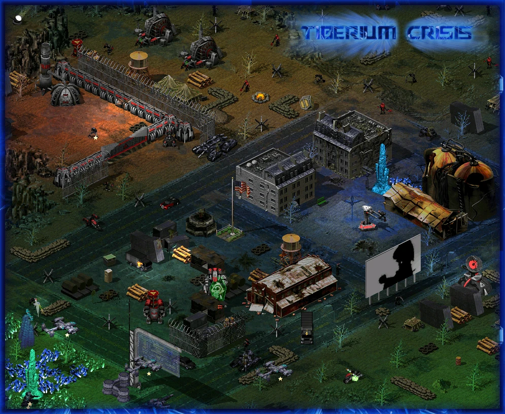 Zrzut ekranu moda Tiberium Crisis pokazujący umocnione bazy, pojazdy i jednostki w układzie taktycznym