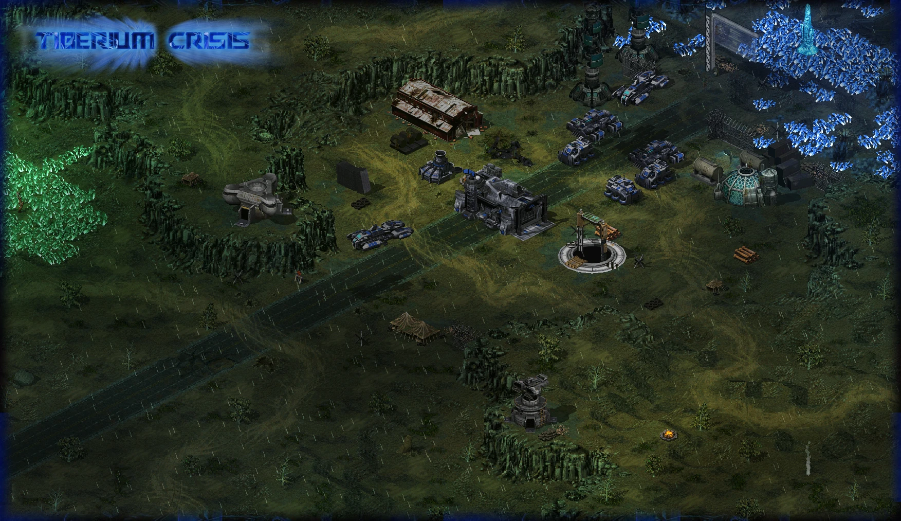 Zrzut ekranu bazy z pojazdami wojskowymi i kryształami tyberium w modzie Tiberium Crisis do Command & Conquer Yuri's Revenge