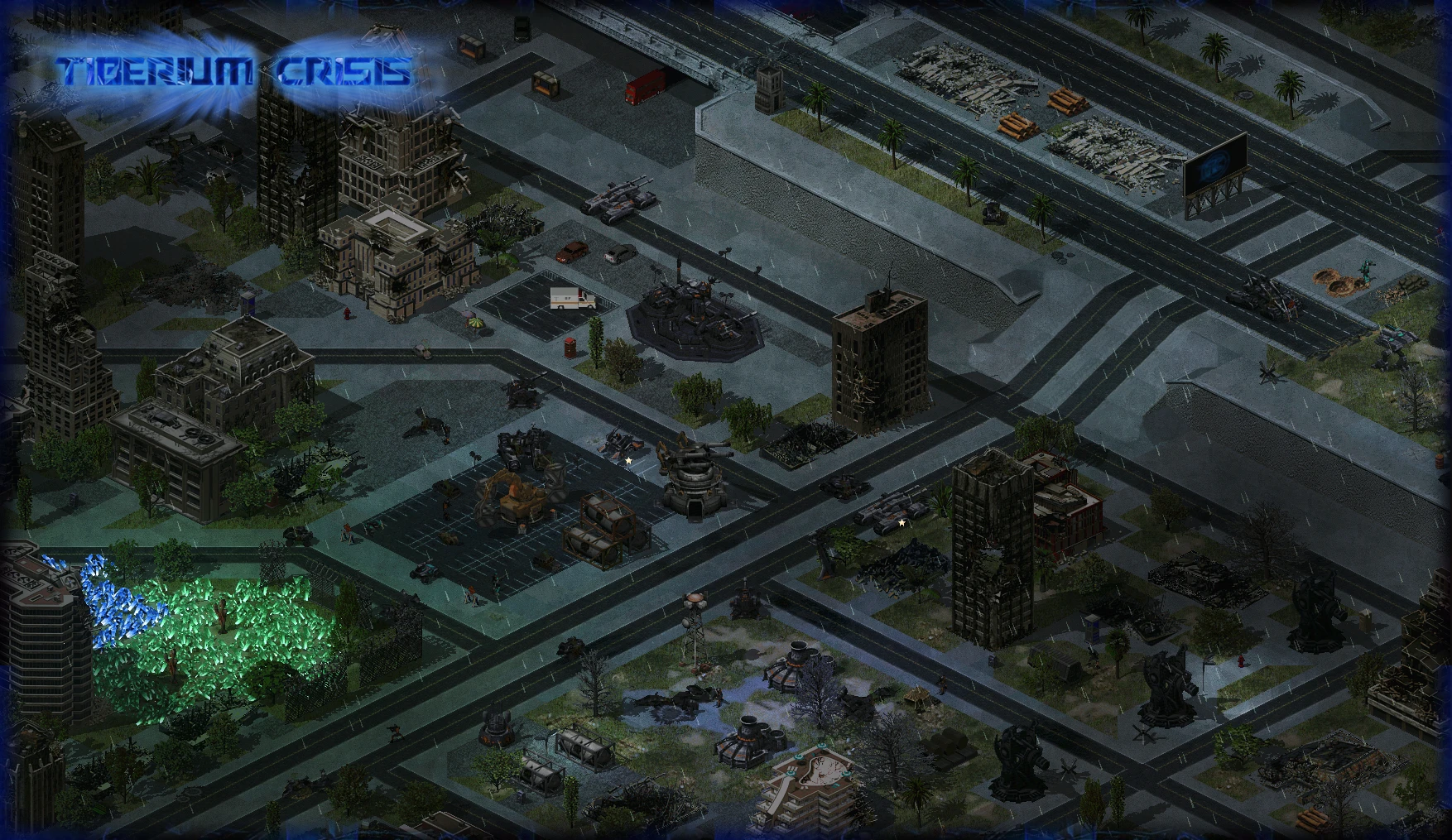 Izometryczny widok walki miejskiej z uszkodzonymi budynkami, jednostkami wojskowymi i kryształami Tiberium w modzie Tiberium Crisis