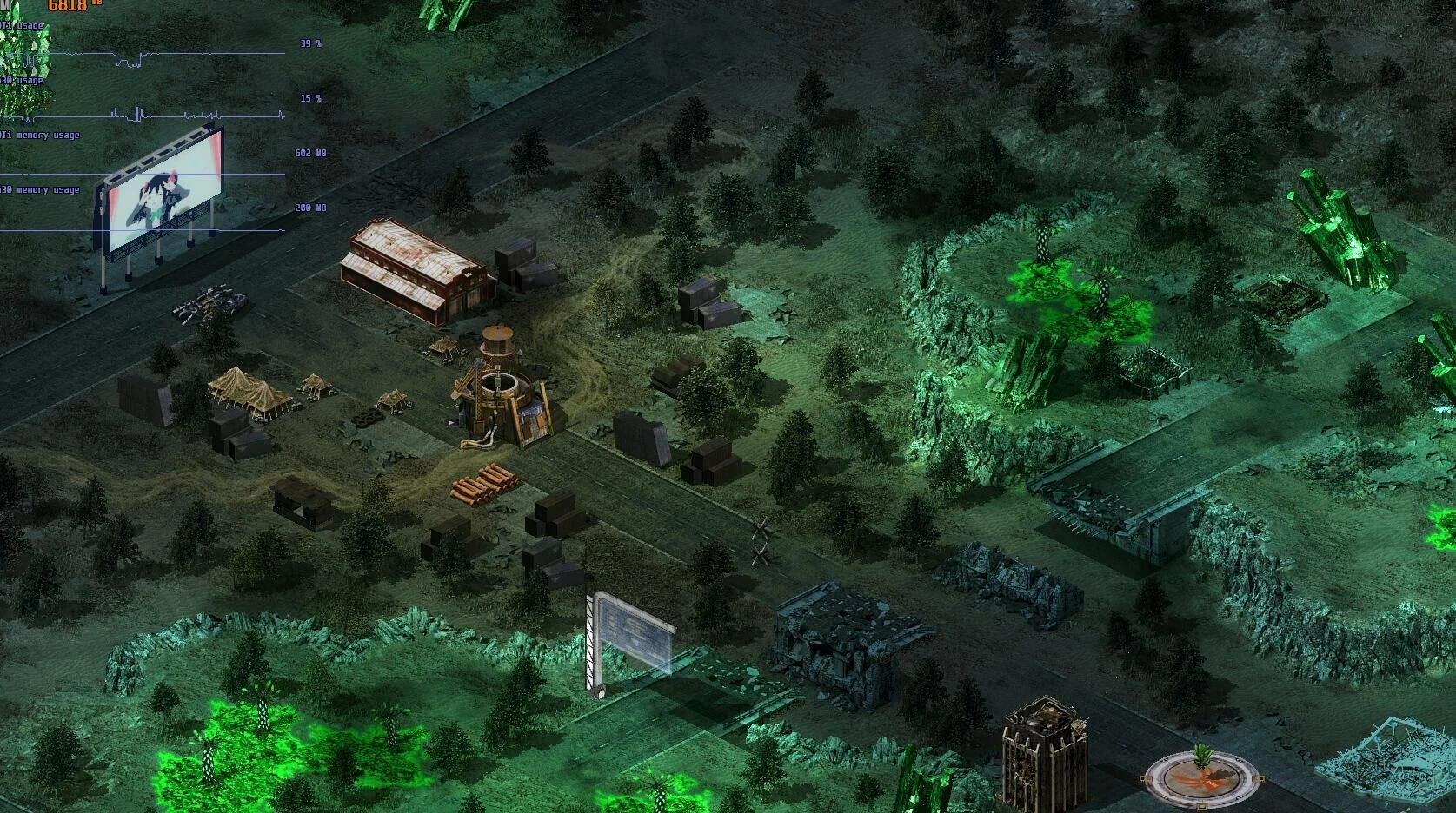 Scena z gry pokazująca postapokaliptyczne pole bitwy z zielonymi świecącymi kryształami Tiberium i zrujnowanymi budowlami