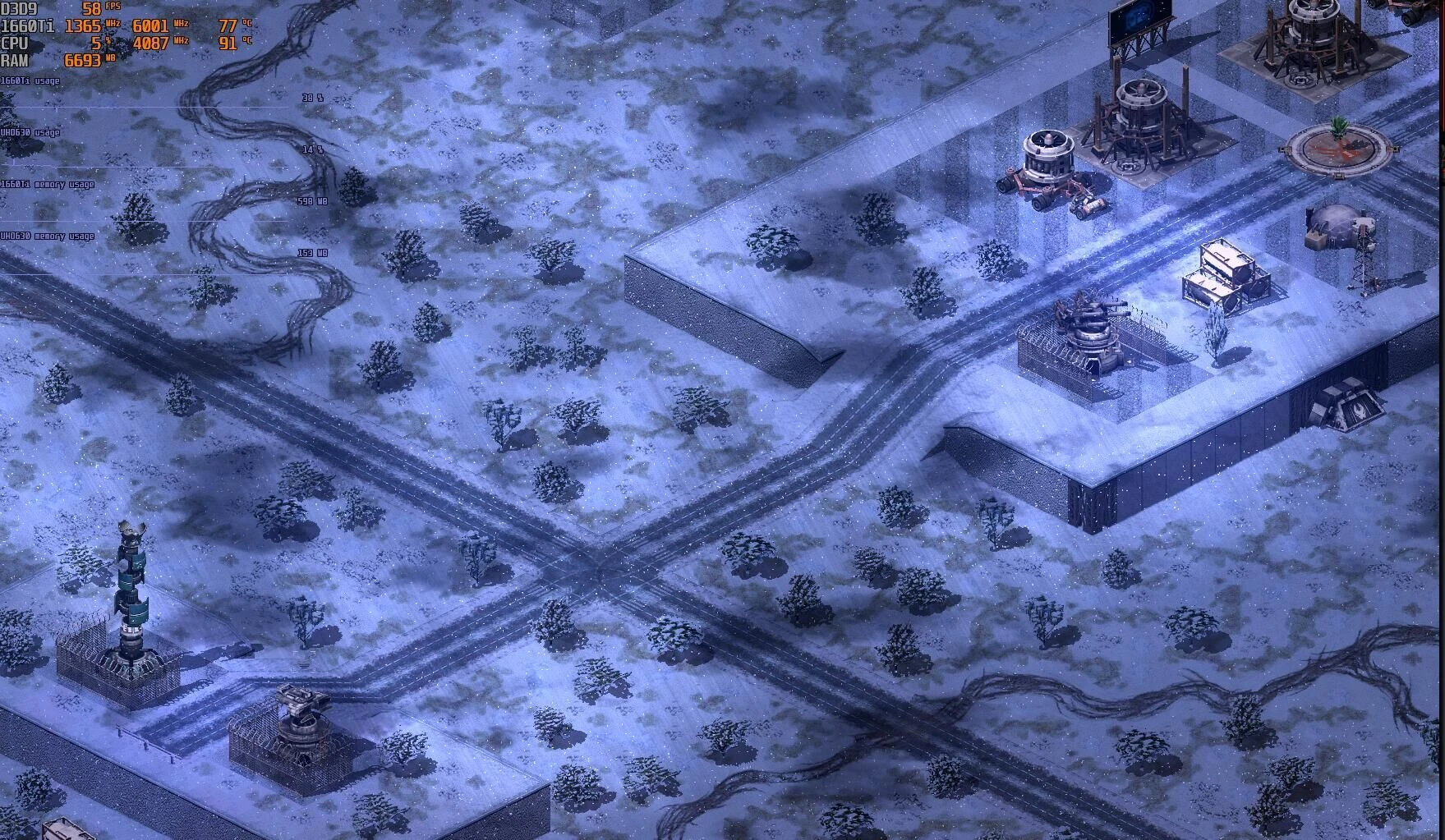 Pokryta śniegiem baza wojskowa z wieżyczkami obronnymi i strukturami w modzie Tiberium Crisis do Yuri's Revenge