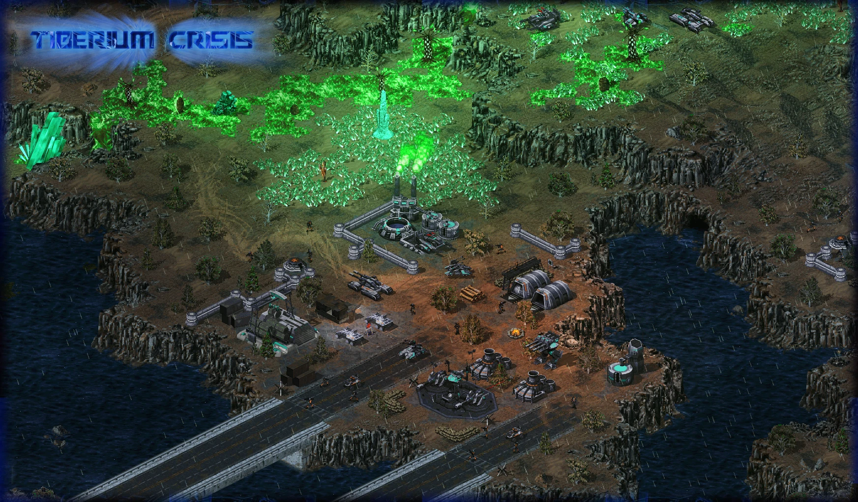 Widok z góry na ufortyfikowaną bazę wojskową obok świecących zielonych kryształów Tyberium i wody w modzie Tiberium Crisis