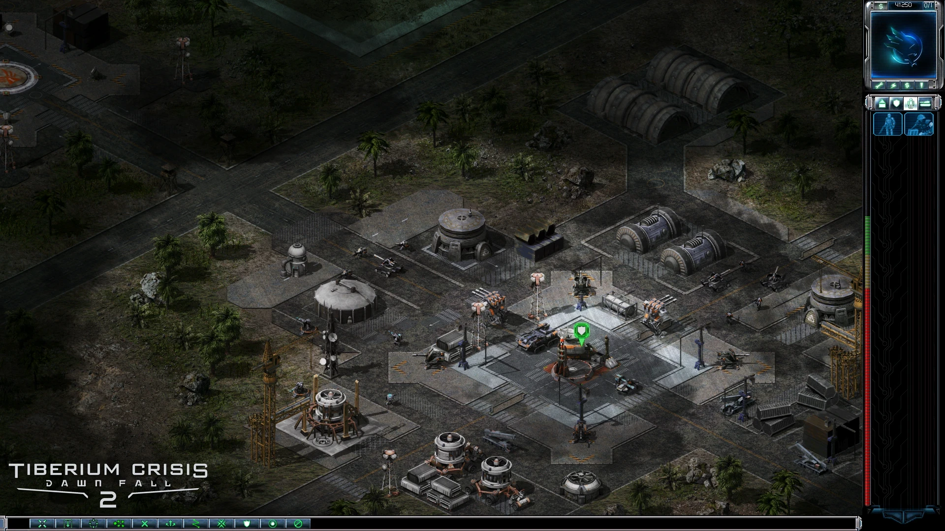 Widok z góry na ufortyfikowaną bazę z wieżyczkami obronnymi i budynkami w modzie Tiberium Crisis do Command & Conquer Yuri's Revenge