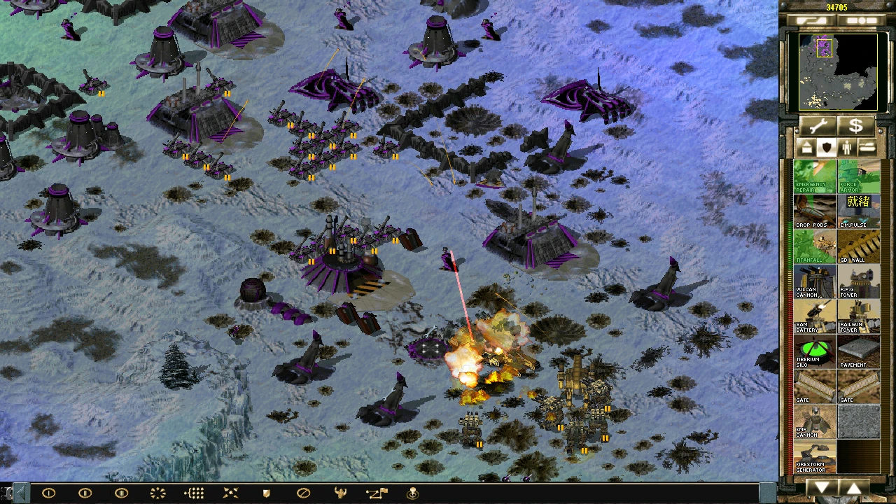 Снежное поле боя в Command & Conquer Yuri's Revenge с фиолетовыми строениями и юнитами из мода TS Another World