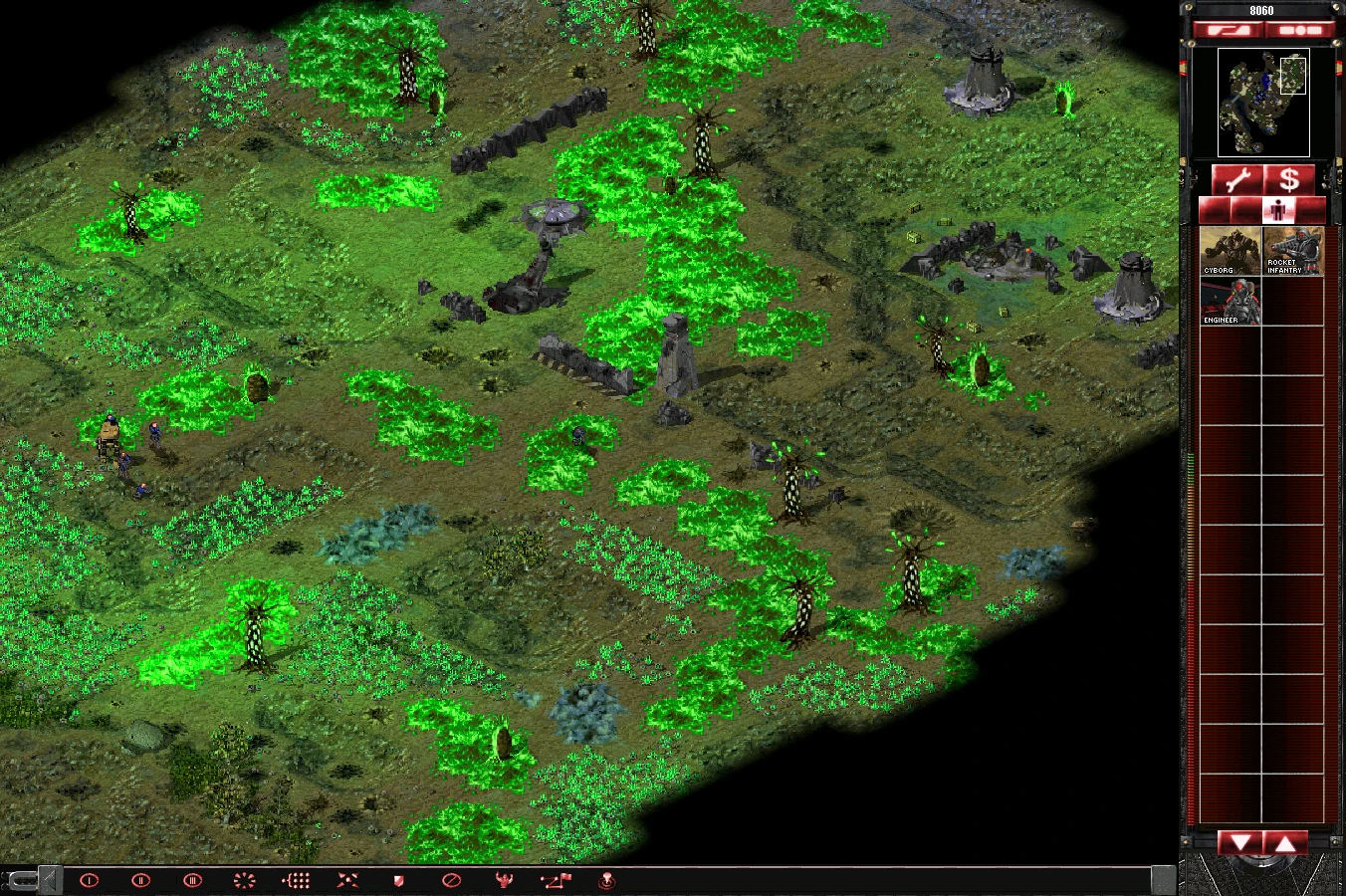 Скриншот игры с зелёным токсичным ландшафтом, деревьями, оборонительными башнями и пехотой в моде TS: Another World