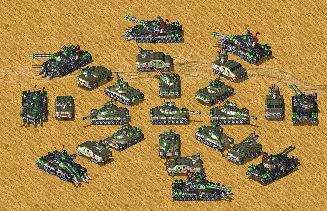 Widok z góry na różnorodne pojazdy wojskowe i czołgi z moda Verzov Order w Command & Conquer Yuri's Revenge na pustynnym terenie