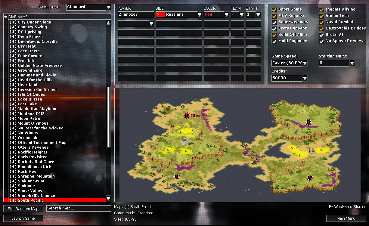 Interfejs ustawień gry z moda Verzov Order do Yuri's Revenge pokazujący listę map i opcje gracza