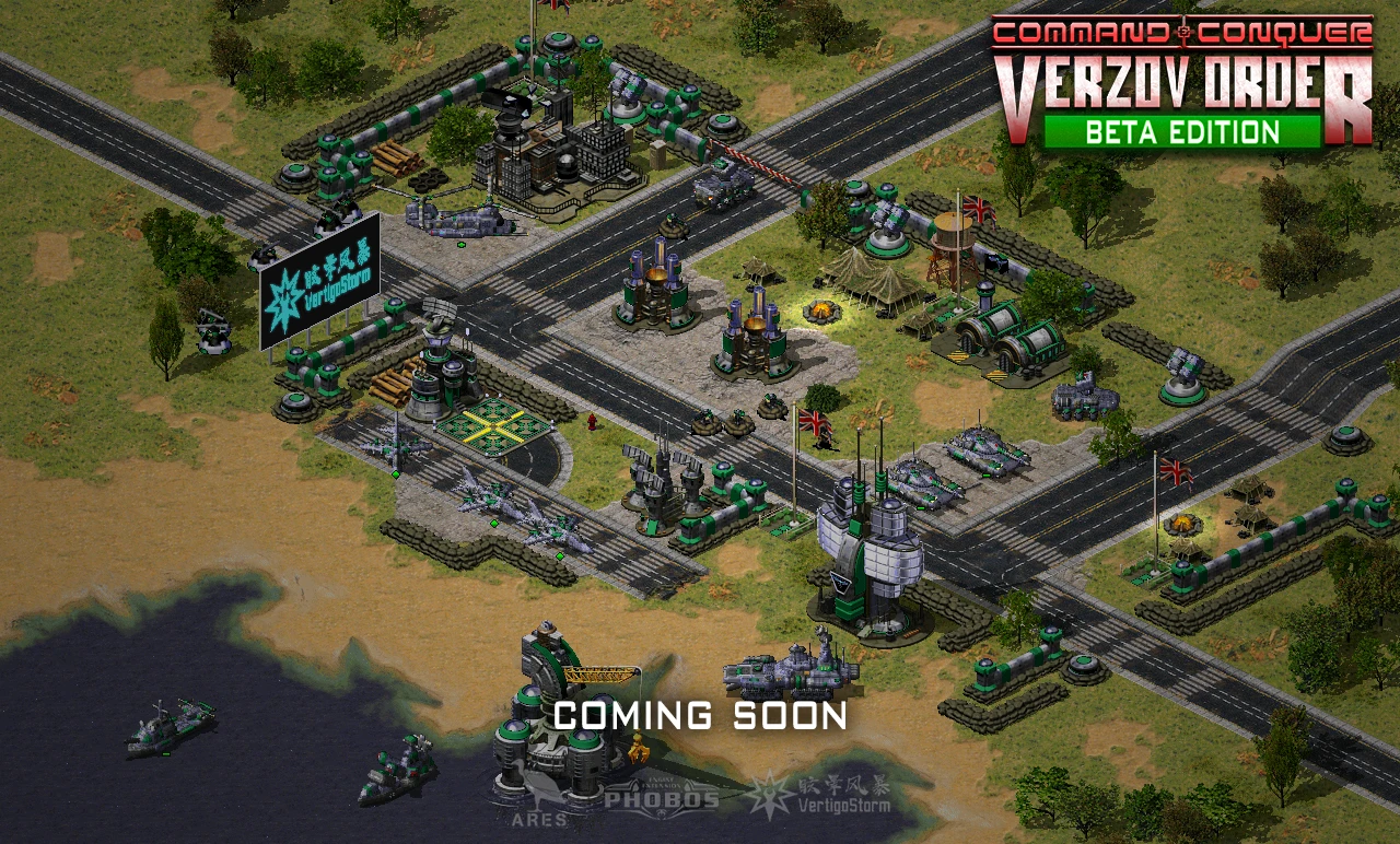 Zrzut ekranu z kompleksową bazą wojskową z budynkami, czołgami i statkami w modzie Verzov Order do Command & Conquer Yuri's Revenge
