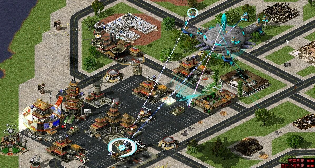 Скріншот моду Global Crisis для Command & Conquer Yuri's Revenge з сучасними будівлями та лазерною обороною на стратегічній міській базі