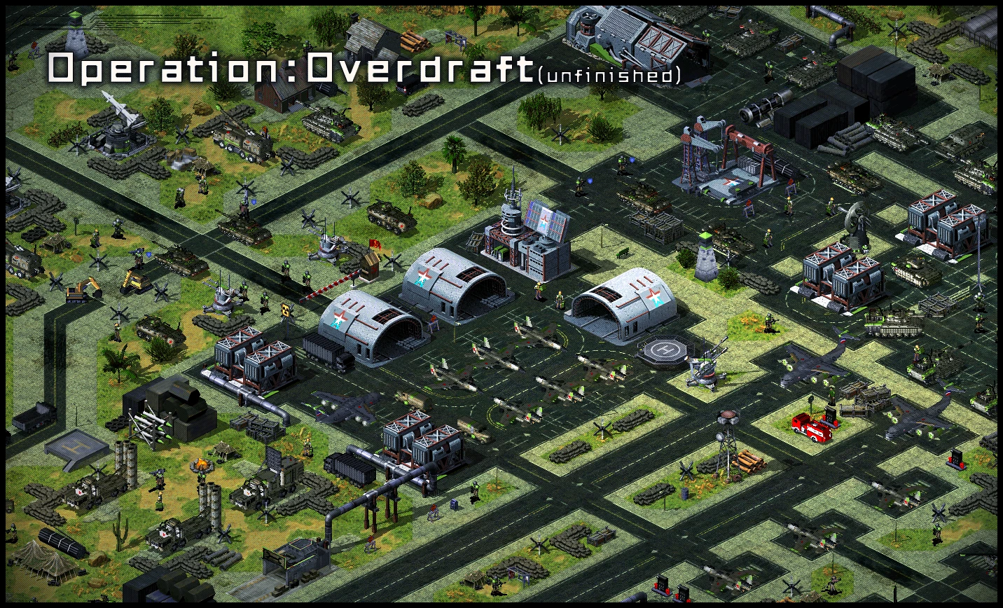 Vista isométrica de una base militar inacabada con hangares, aviones, tanques y unidades de infantería en el mod Yuri's Revenge