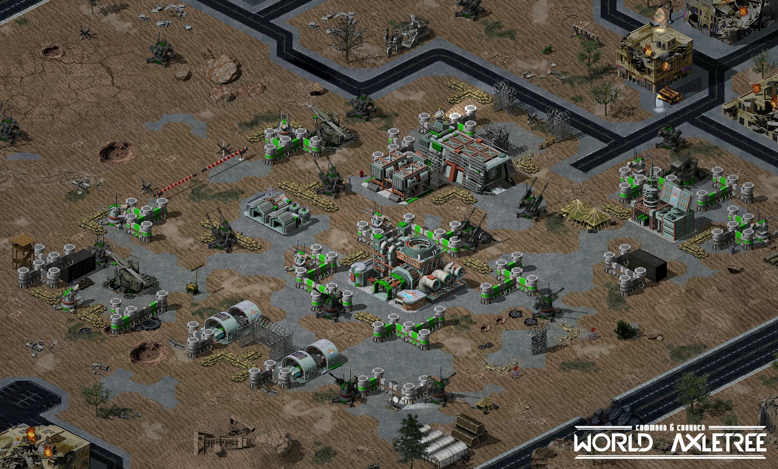 Vista superior de una base militar fortificada con torretas y edificios en el mod World Axletree de Command & Conquer Yuri's Revenge