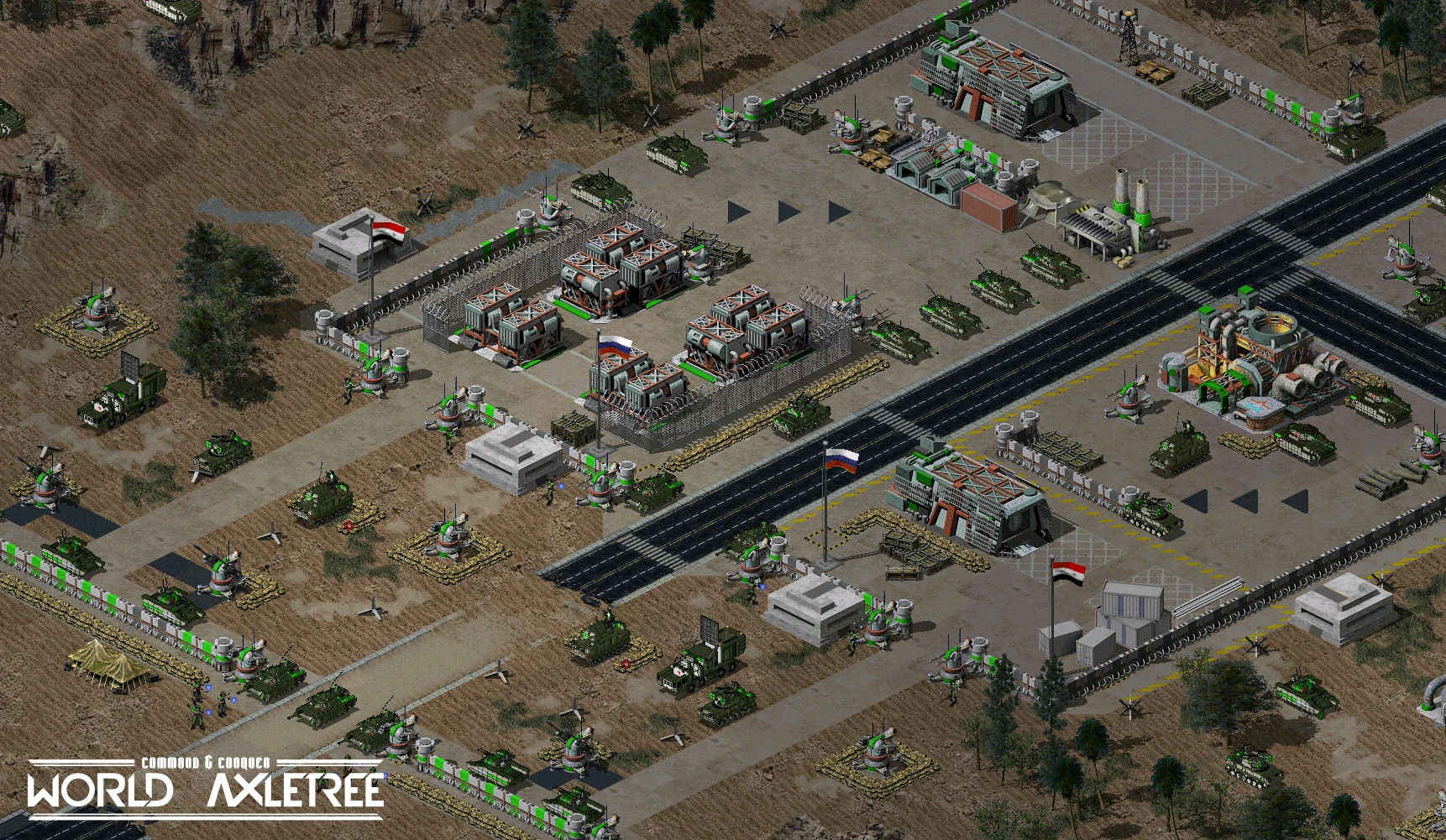 Vista aérea de base militar fortificada con tanques, torretas, estructuras y banderas en mod de Command & Conquer