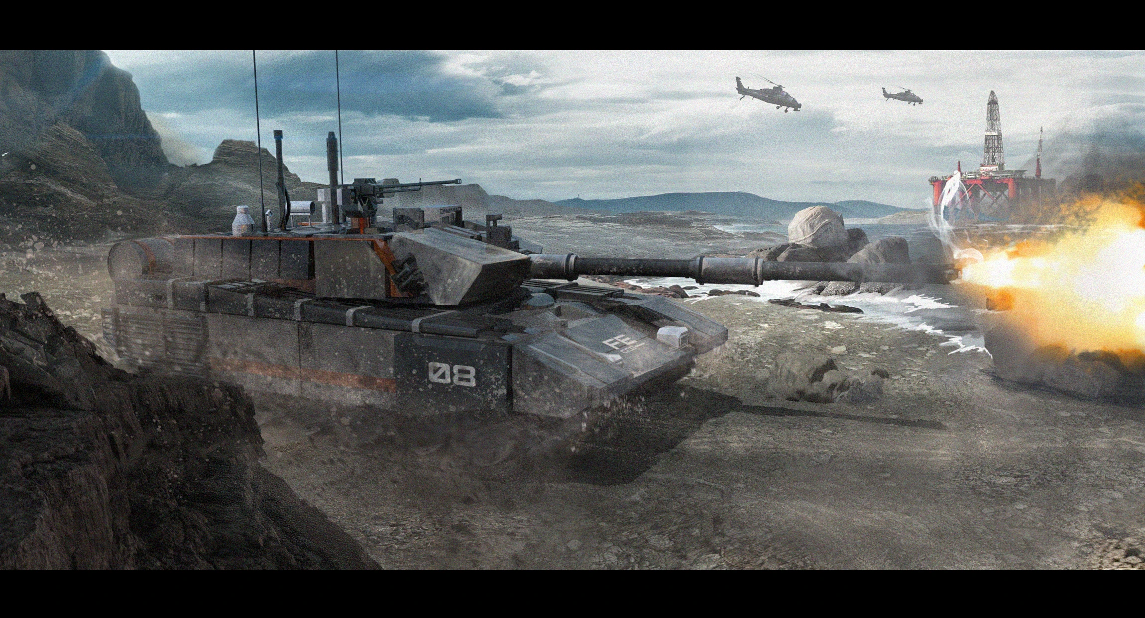 Un tanque blindado grande dispara su cañón principal a una plataforma petrolífera costera mientras helicópteros vuelan arriba