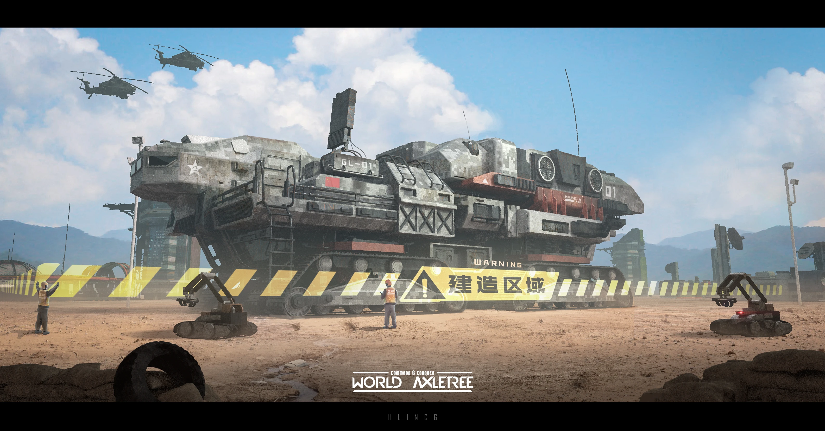 Gran vehículo militar blindado con orugas y antenas con dos helicópteros volando en un entorno desértico