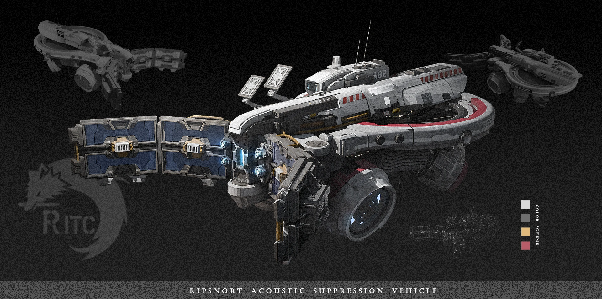 Modelo 3D detallado del vehículo de supresión acústica Ripsnort con paneles azules y acentos rojos sobre fondo oscuro