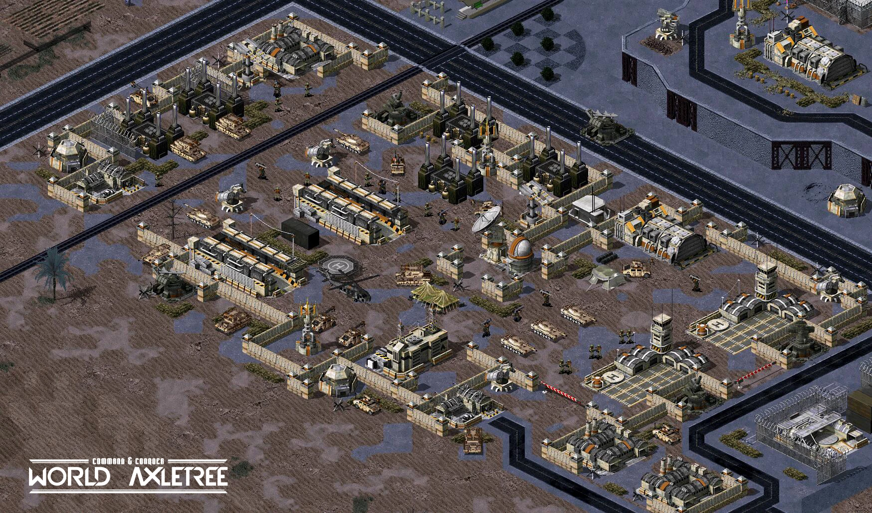 Vista isométrica de base militar fortificada con tanques, helicópteros y edificios en el mod Yuri's Revenge World Axletree