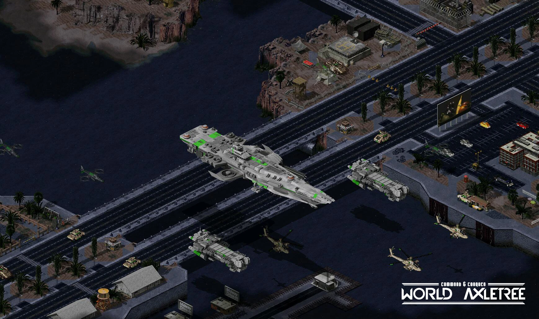 Captura del mod World Axletree de Command & Conquer Yuri's Revenge con naves futuristas sobre un mapa urbano detallado