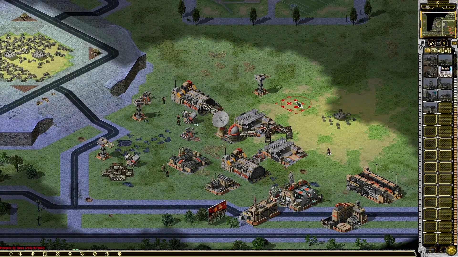 Captura de pantalla del juego mostrando una base detallada con edificios y unidades en el mod World Axletree de Command & Conquer Yuri's Revenge