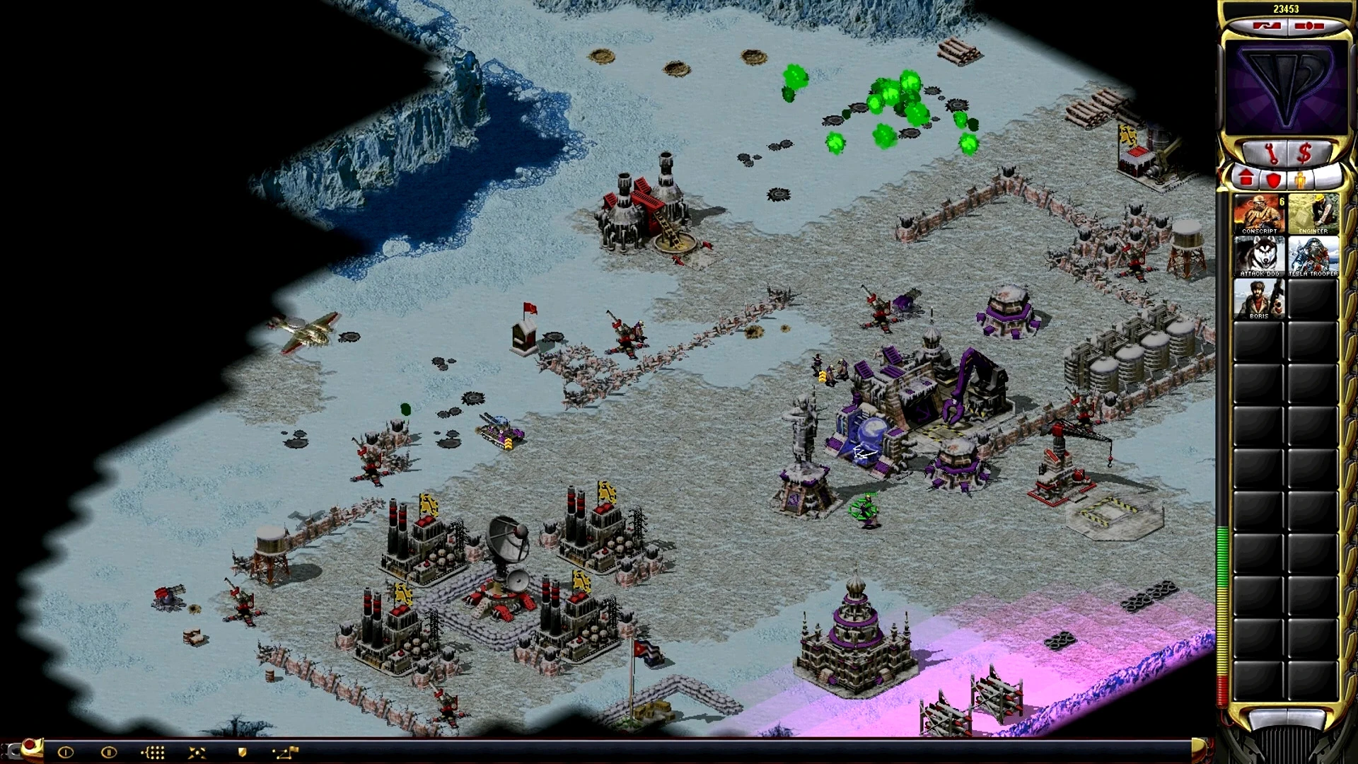 Gameplay screenshot showing a snowy fortification battle with buildings, tanks, and green explosions in Yuri Resurgence Campaign mod