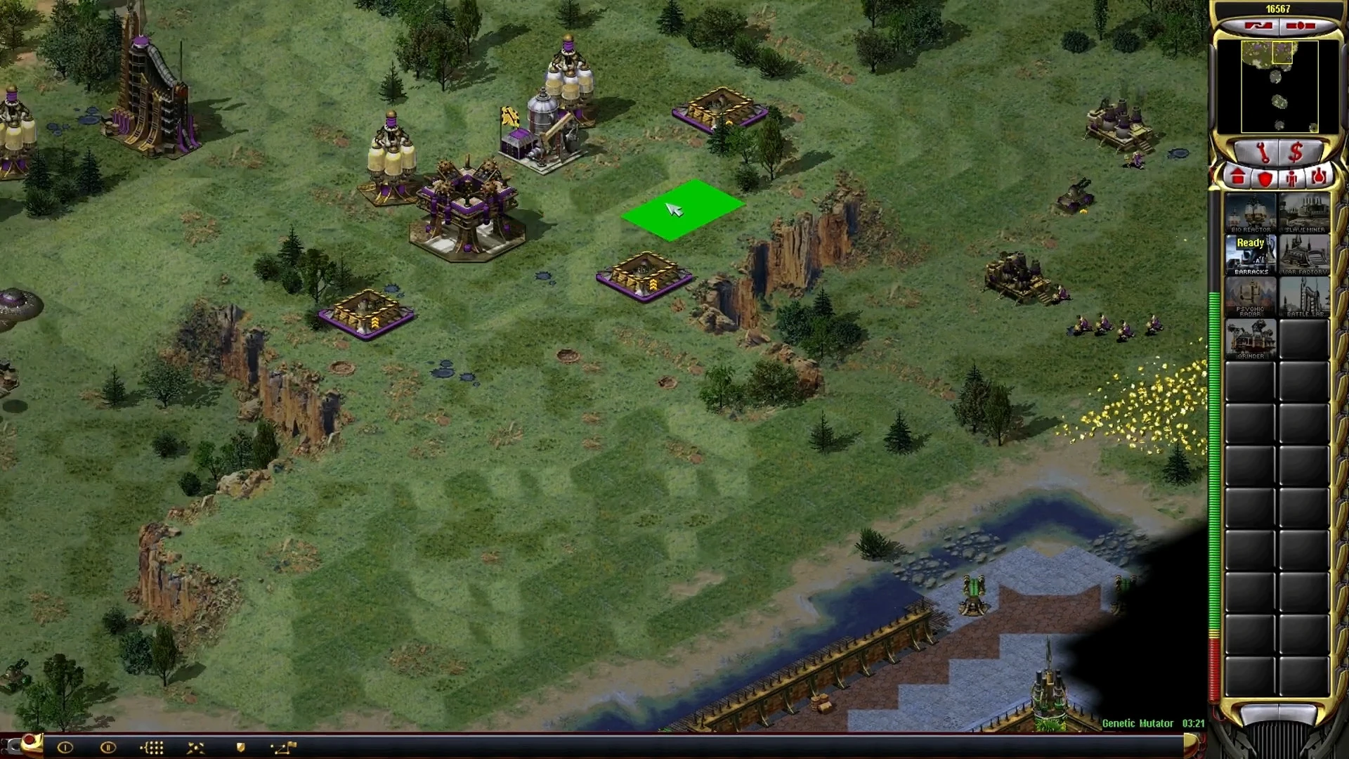 Gameplay screenshot showing base structures and unit building menus in Yuri Resurgence Campaign mod