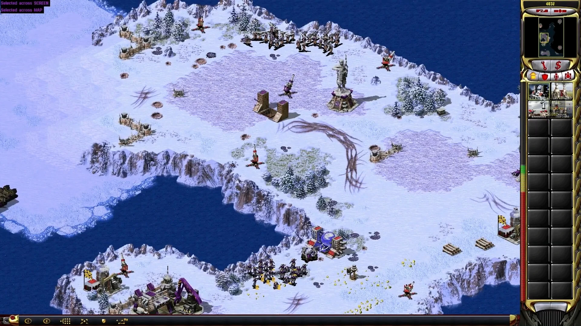 Snow-covered battlefield with multiple infantry units, buildings, and tactical interface in Yuri Resurgence Campaign mod